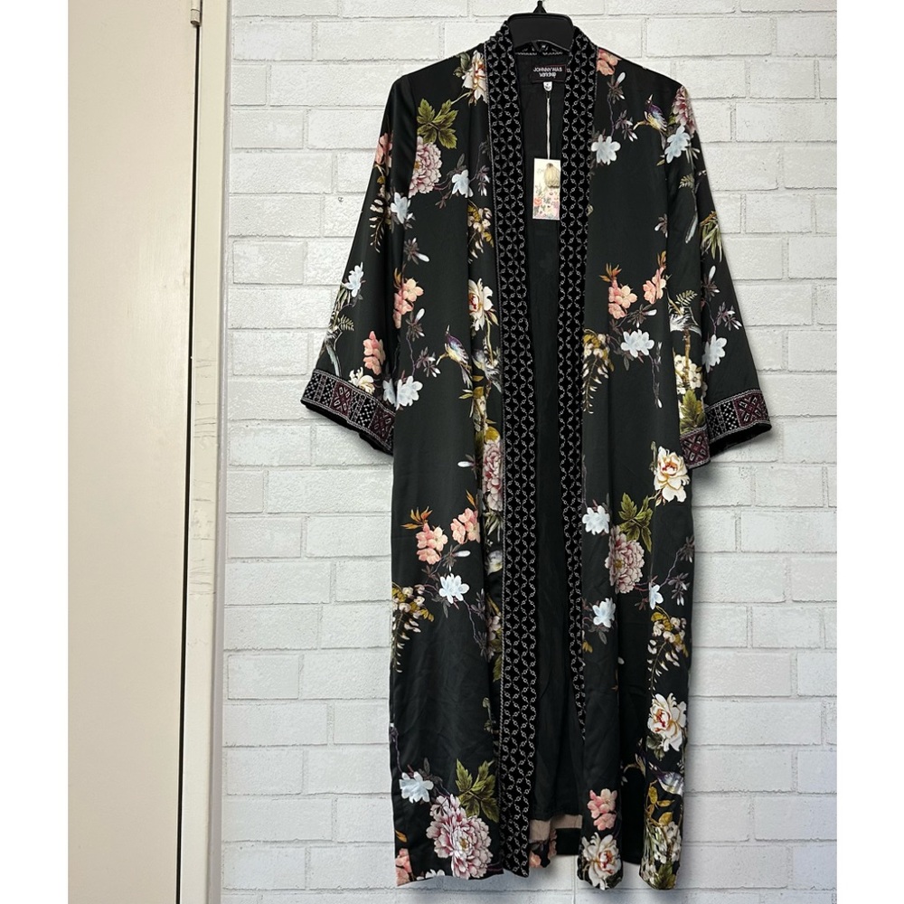 JOHNNY WAS Small Velvet mix kimono lined W47019-9 Black Floral Embroidered S New